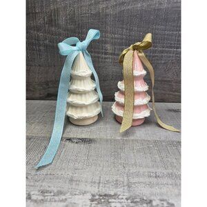 Vtg Pink White Ceramic Christmas Trees 5" – Set of 2 Handmade Cottagecore #29